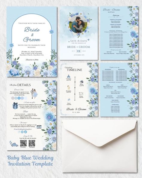 Baby Blue Wedding Invitation Template 💙 #Wedding #weddingph #weddinginvitation #invitation #invitationdesign #invitationlayout #invitationtemplate #template #canvatemplates #babyblue #bluewedding Blue Wedding Invitation Template, Baby Blue Wedding, Light Blue Wedding Invitations, Wedding Invitation Canva, Invitation Template Wedding, Baby Blue Weddings, Template Wedding Invitation, Invitation Layout, Elegant Wedding Invitation Card