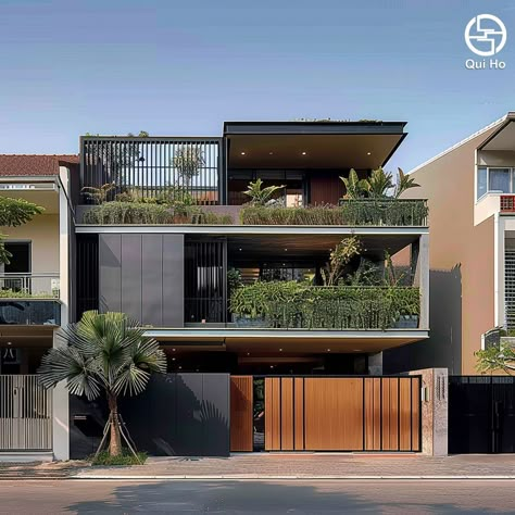 Facade With Plants, Residence Facade Design, Balcony Elevation, Modern Villa Architecture, Modern Villa Exterior Design, Modern Villa Exterior, Villa Exterior Design, Villa Architecture, Castle House Design