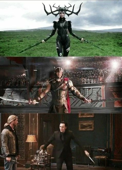 Hela, Thor, and Loki from 'Thor: Ragnarok' (2017) Captain Jack Sparrow Funny, Loki Thor 2, Thor Ragnarok Hela, Hela Thor, Thor And Loki, Geek Movies, Thor Ragnarok, Avengers Comics, Marvel Cosplay