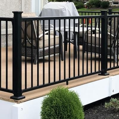 Aluminum Railing Front Porches, Aluminum Balcony Railing, Black Aluminum Deck Railing, Black Metal Porch Railing, Black Railing Front Porch, House Railings Outdoor, Black Porch Railing, Black Porch Railing Ideas, Front Porch Railing Ideas