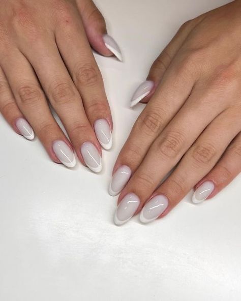 White Nails White Tip, All White French Nails, Soft Gel French Tip, White And White French Nails, White With White French Nails, Milky White Nail With French Tip, Milky French Manicure Oval, Milky And White Nails, White Nail With White French Tip