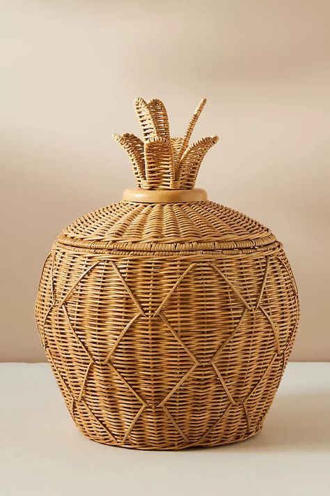 Pineapple Laundry Basket | Anthropologie Surf Nursery, Storage Basket With Lid, Kids Room Accessories, Rattan Storage, Black Splash, Handmade Baby Shower Gift, Unique Floor Lamps, Lidded Baskets, Basket With Lid