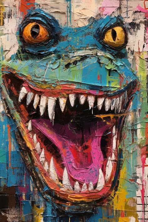 Add a touch of fierceness to your style or space with this electrifying abstract art print featuring a portrait of a dinosaur resembling a tyrannosaurus rex. Created using a combination of oil and acrylic paints, the artist's palette knife technique brings depth and texture to the artwork. The vibrant colors, including blues, pinks, blacks, oranges, greens, and more, make this dinosaur portrait truly captivating. #GiveMeMood #dinosaur #abstractart #portrait #vibrantcolors #tyrannosaurusrex Dinosaur Portrait, Knife Techniques, Graffiti I, Artist Palette, A Dinosaur, Abstract Art Print, Tyrannosaurus Rex, Palette Knife, Acrylic Paints