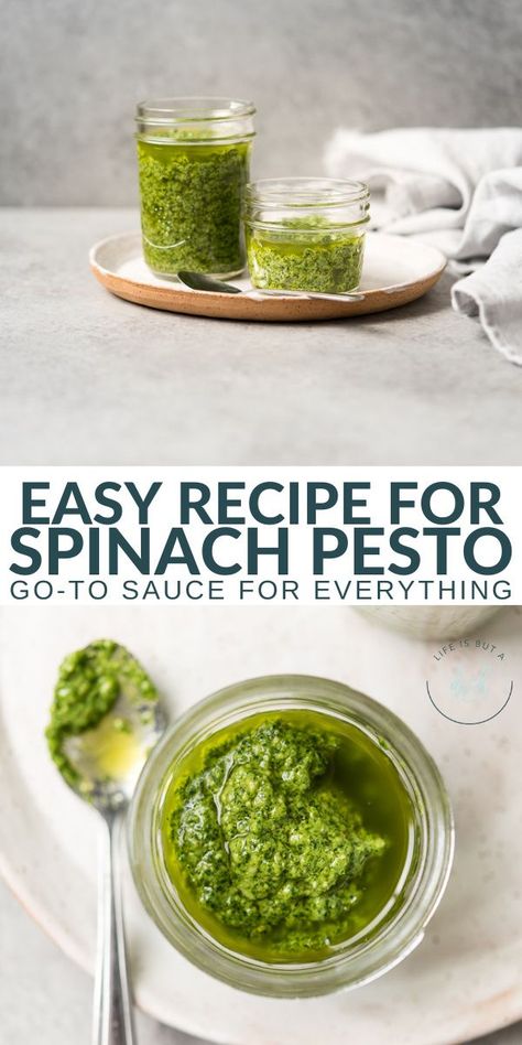 Sometimes you just need a good, simple pesto recipe. I love this one because it’s a little different (I use spinach instead of the traditional basil), but the recipe is so flexible you can get creative! This Easy Spinach Pesto recipe is gonna be your new go-to sauce for everything. Simple Pesto Recipe, Spinach Pesto Recipe, Grace Food, Spinach Pesto Pasta, Spinach Pesto, How To Make Pesto, Garden Food, Creamy Spinach, Spread Recipes