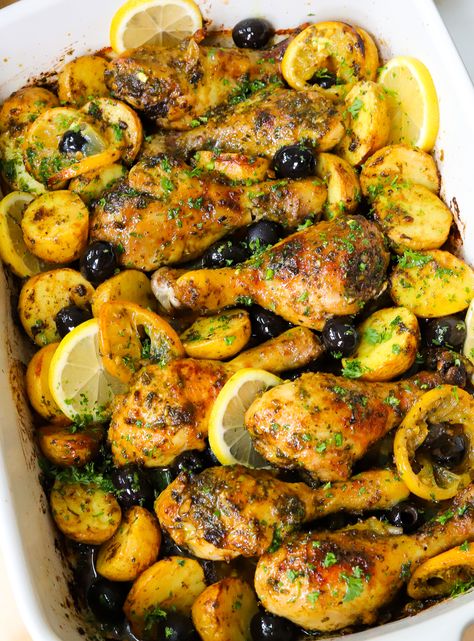 Moroccan Lemon Chicken, Moroccan Roast Chicken, Chicken Traybake Recipes, Moroccan Chicken Thighs, Easy Moroccan Recipes, Moroccan Potatoes, Morracan Chicken, Moribyan Recipes, 3 Course Meal Ideas