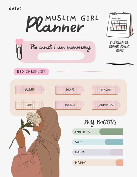 This muslim girl planner is printable and instantly downloadable! This Aesthetic Muslimah planner will help keep you organized and on tract! This muslim daily planner is the thing you need if you are struggling with every prayer, this will hold you accountable. This is for the aesthetic muslim girlies that want to stay organized! Grab this Muslim daily planner now! This Islamic planner is printable! This will help you stay on tract for Quran and Prayer! Islamic Schedule, Islamic Planner Ideas, Muslimah Journal Ideas, Quran Planner, Islamic Daily Planner, My Daily Islamic Planner, Hifz Quran Planner, Quran Tracker, Muslim Planner