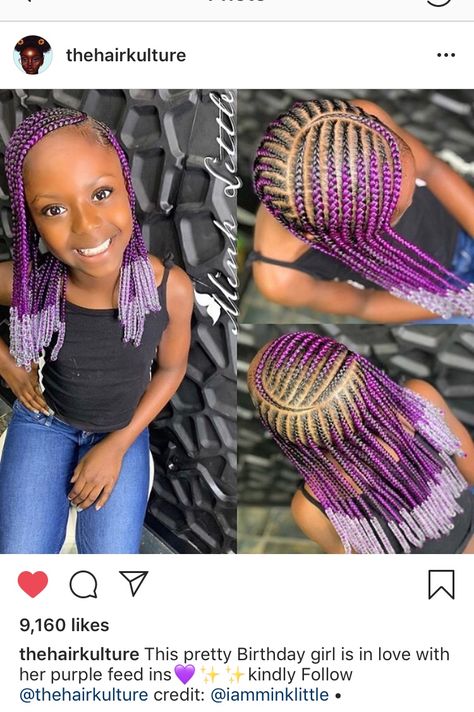 From Instagram: kid friendly feed in braids by I am mink little Purple hair and Black girl magic #iamminklittle #altbraids #cornrows Children Hairstyles With Beads, Cute Hairstyles For Birthday, Hair Styles For Children, Kids Braids With Beads, Beads Hairstyles, African American Braided Hairstyles, Toddler Braids, Feed Ins, Kids Braids