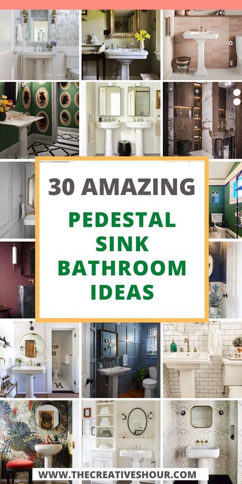 Embrace timeless charm with these inspiring ideas. Explore ways to elevate your bathroom aesthetic using the classic elegance of a pedestal sink. Transform your space into a sanctuary of style and functionality. #BathroomDecor #PedestalSink #HomeDesign Pedestal Sink Makeover, Mirror Over Pedestal Sink, Pedistool Sink, Powder Room Ideas Pedestal Sink, Bathroom Pedestal Sink Ideas, Pedestal Sink Bathroom Ideas, Sink Bathroom Ideas, Small Bathroom Pedestal Sink, Pedistal Sink