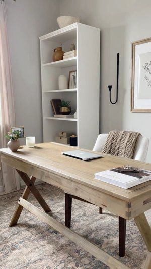 World Market Campaign Desk, Home Office Wood Desk Inspiration, Diy Office Furniture Ideas, Home Office Wooden Desk, Rustic Modern Office Decor, Light Wood Desk Office Ideas, Desk In Center Of Room, Office Remodel Home, World Market Desk