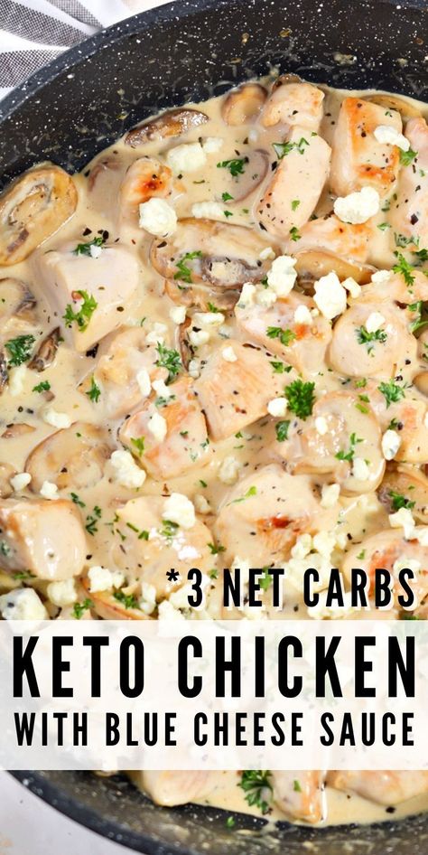 Keto Chicken With Blue Cheese Sauce - If you are one of those people that can’t get enough blue cheese, then this chicken recipe is for you! It has an incredibly creamy blue cheese sauce and only 3g net carbs per serving! #keto #Ketorecipes #ketodiet #Ketocreamsauce #chickendinner #bluecheesesauce #dinnerideas #bluecheesechicken #food #recipes Low Carb Blue Cheese Recipes, Chicken With Blue Cheese Sauce, Blue Cheese And Chicken Recipes, Chicken With Blue Cheese Recipes, Blue Cheese Chicken Recipes, Blue Cheese Soup Recipes, Chicken And Blue Cheese Recipes, Recipes With Blue Cheese Crumbles, Blue Cheese Recipes Dinners