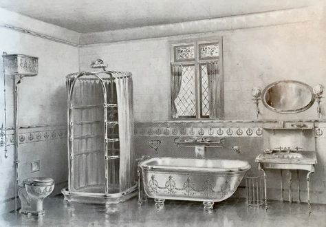 The Modern Bathroom circa 1899 - "Empire" Design from Shanks & Co Ltd Bathroom Illustration, Victorian Toilet, Ideas Habitaciones, Folk Victorian, Victorian Home Interior, Victorian Interior, Victorian Interiors, Victorian Bathroom, Vintage Bath