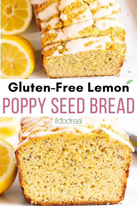 A slice of lemon poppy seed bread. Lemon Poppy Seed Loaf, Lemon Poppy Seed Bread, Lemon Greek Yogurt, Poppy Seed Bread, Gluten Free Dairy Free Dessert, Almond Flour Bread, Lemon Poppyseed Bread, Healthy Flour, Flours Banana Bread