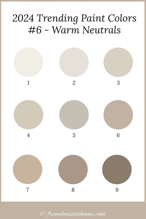 9 paint colors that are part of the warm neutral color trend for 2024 Oasis Decor, Tan Paint Colors, Taupe Paint Colors, Warm Neutral Paint Colors, Paint Color Trends, Neutral Wall Colors, Most Popular Paint Colors, Best Neutral Paint Colors, Beige Paint Colors