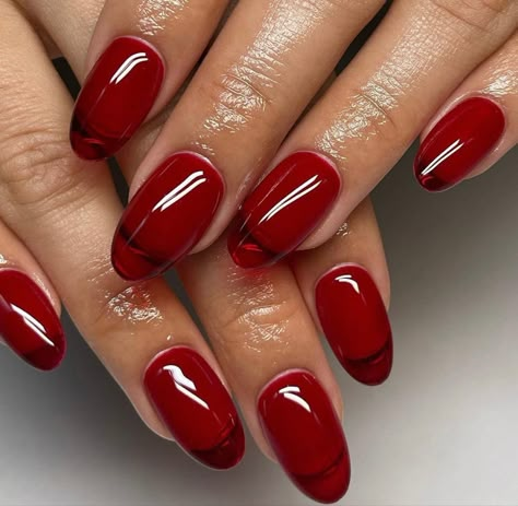 Jelly Red Almond Nails, Jelly Red Nails Short, Red Jelly Nails Short, Cherry Red Jelly Nails, Clear Red Acrylic Nails, Translucent Red Nails, Red Nails Jelly, Christmas Jelly Nails, Long Jelly Nails