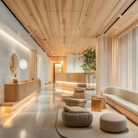 The image shows a modern hotel lobby. There is a long wooden reception desk with a curved front ->> more details in ai-img-gen.com Wooden Reception Desk, Minimalist Hotel, Modern Hotel Lobby, The Lobby, Modern Hotel, Polished Concrete, Large Mirror, Reception Desk, Park Avenue