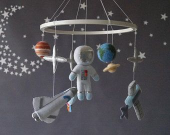 Felt Planets, Astronaut Nursery, Space Mobile, Black And White Balloons, Hanging Crib, Planet Saturn, Earth Planet, Baby Raccoon, Space Themed Nursery