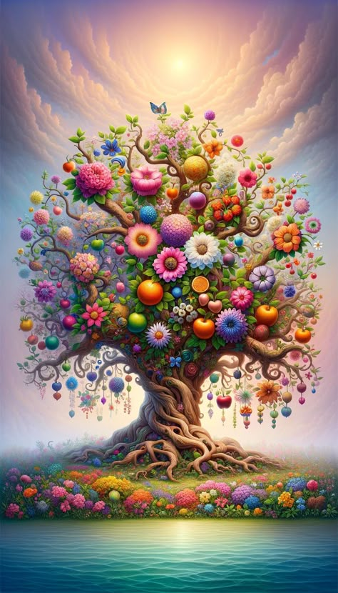 A digital painting of a whimsical spring tree with colorful flowers and fruits