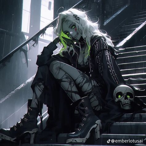 Anime Zombie Female, Cool Zombie Art, Zombie Woman Art, Cyberpunk Zombie, Female Undead, White And Green Hair, Zombie Warrior, Zombie Rpg, Mystical Characters