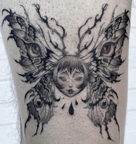 Grunge Core Tattoos, Fairy Neck Tattoo, Fairy Grunge Tattoo, Scary Fairy Tattoo, Moth Neck Tattoo, Moth Wings Tattoo, Fairy Butterfly Tattoo, Dark Fairy Wings Tattoo, Fairy Core Tattoos