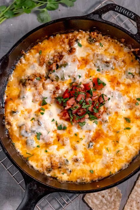 Skillet Queso, Queso Fundido Recipe, Fundido Recipe, Easy Queso, Fiesta Dip, Poblano Pepper, Roasted Poblano Peppers, Mexican Chorizo, Roasted Poblano