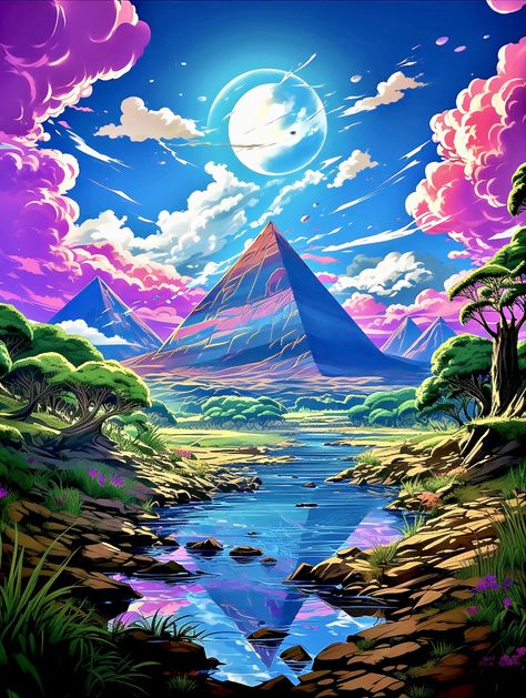 Fantasy Landscape Art Magic, Fantasy Landscape Art, Tokyo House, Imaginary Places, Large Cross Stitch Patterns, Purple Clouds, African Savannah, Fantasy Monster, Beautiful Architecture