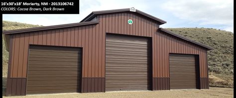 16'x30'x18' Cleary Suburban Building in Moriarty, NM | Colors: Cocoa Brown, Dark Brown, Pole Barn Storage Ideas, Pole Barn Storage, Barn Storage Ideas, Barn Garage Ideas, Cleary Buildings, Cottage Exterior Ideas, Barn Exterior, Garage Construction, Pole Barn Garage