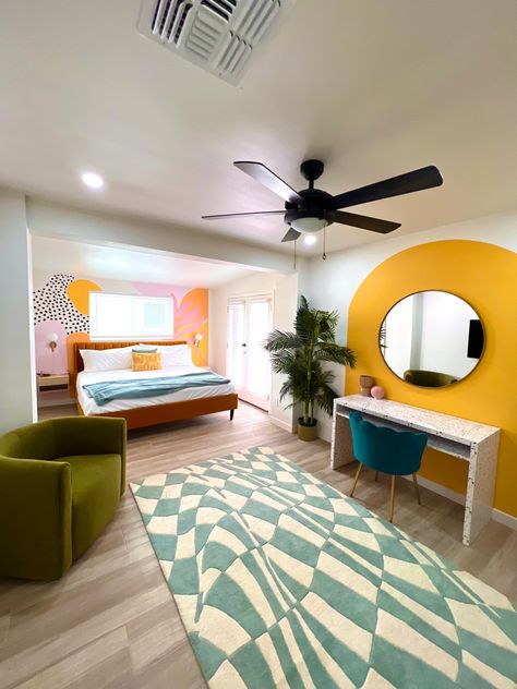 Modern Retro Bedroom Aesthetic, Miami Aesthetic Bedroom, Eclectic Hotel Room, Post Modern Interior Design Bedroom, Retro Chic Bedroom, Maximalist Bedroom Wall, Maximalist Airbnb, Funky Airbnb, Flat Vision Board