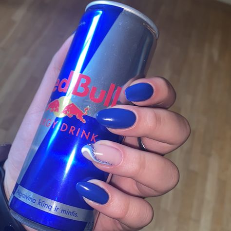 Red Bull Nails F1, F1 Nails Designs Red Bull, Chocolate Almond Nails, Red Bull Nails, Bull Nails, Redbull Nails, Red Blue Nails, Almond Nails Black Women, Almond Nails Black