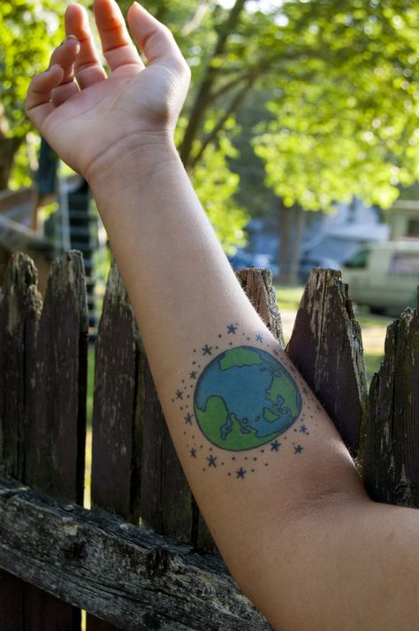 Earth tattoo. Earth Tattoo Color, Earth Tattoo Ideas Nature, Earth Tattoos, Trout Tattoo, Left Arm Tattoos, Earth Tattoo, Earth Craft, Tattoos With Kids Names, Piercing Inspo