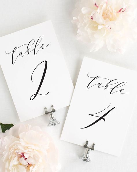 These statement table numbers are perfect for any wedding. Use them alone or in picture frames for a stunning addition to your reception decor. Shown in black, but can be customized to any color. These match our Charlotte suite. Free Wedding Invitation Samples, Ceremonial Wedding, Modern Table Numbers, Calligraphy Table Numbers, Wedding Table Menus, Table Wedding Decorations, Shine Wedding Invitations, Number Table, Romantic Calligraphy