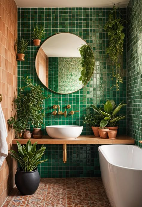 Green Tile Wall Bathroom, Green Gold And Wood Bathroom, Hawaii Inspired Bathroom, Terracotta Green Bathroom, Green Tiles Toilet, Green And White Bathroom Tile, Green Midcentury Bathroom, Green Copper Bathroom, Green Mosaic Tiles Bathroom