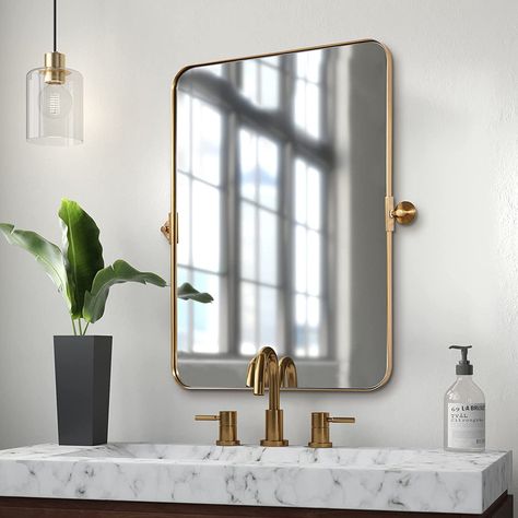 Corner Bathroom Mirror, Pivot Bathroom Mirror, Pivot Mirror, Corner Mirror, All White Bathroom, Scalloped Mirror, Moon Mirror, Gold Framed Mirror, Maximalist Design