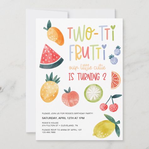 This toddler birthday party invitation features "two-tti frutti" and lots of fruit to invite friends and family to celebrate their second birthday. Two Tutti Fruity Birthday, Two Fruity Birthday Party, Two Tti Frutti Birthday Party, Two Cute Birthday Party Theme, Two Year Old Birthday Party Themes, Two Birthday Theme, Second Birthday Party Themes, Twotti Fruity Party, Second Birthday Girl Theme