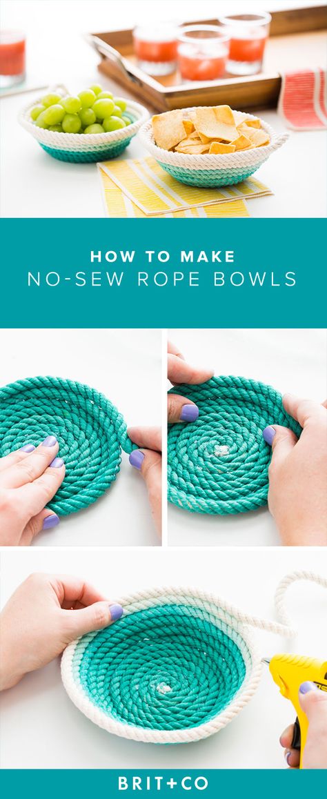 Learn how to make your own no-sew rope bowls with this tutorial. Rope Bowls, Deco Marine, Diy Rope Basket, Rope Projects, Fabric Bowls, Diy Basket, Rope Crafts, Rope Basket, No Sew