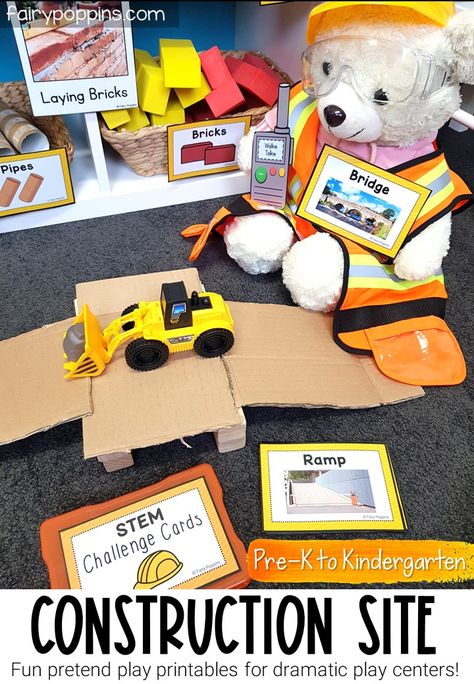 This construction site dramatic play center helps kids engage in pretend play and develop STEM skills. It includes printables for areas such as a construction site, building zone, box construction and tinkering table. #constructionsite #constructiontheme #constructiondramaticplay #communityhelper #dramaticplay #pretendplay #dramaticplaycenter #pretendplaycenter #blockcenter #stemchallenge #blockplay #preschool #prek #kindergarten #kidsplay #learnthroughplay #playideas #looseparts Construction Dramatic Play, Store Dramatic Play, Fairy Poppins, Pretend Play Printables, Play Preschool, Play Printables, Dramatic Play Center, Dramatic Play Printables, Construction Play