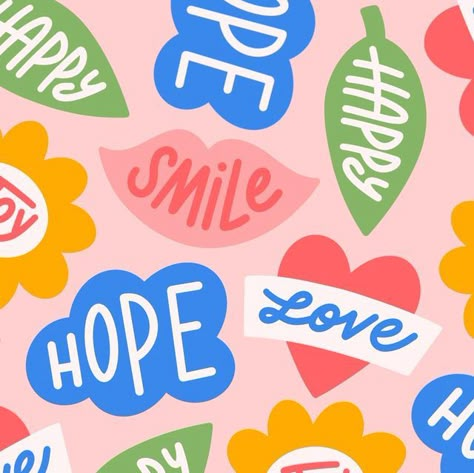 Amy Jones on Instagram: "I want this pattern printed on so many things! Happy Friday y’all 🩷💛  #illustration #colourful #create #freelancelife #inspiration #happydesign #colorfuldesign #creativity #motivationaldesign #motivation #procreate #cutedesign #cutethings" Happy Typography Design, Happy Word Art, Bright Graphic Design, Joy Illustration, Kids Typography, What Is Joy, Word Illustration, Happy Typography, Word Pattern