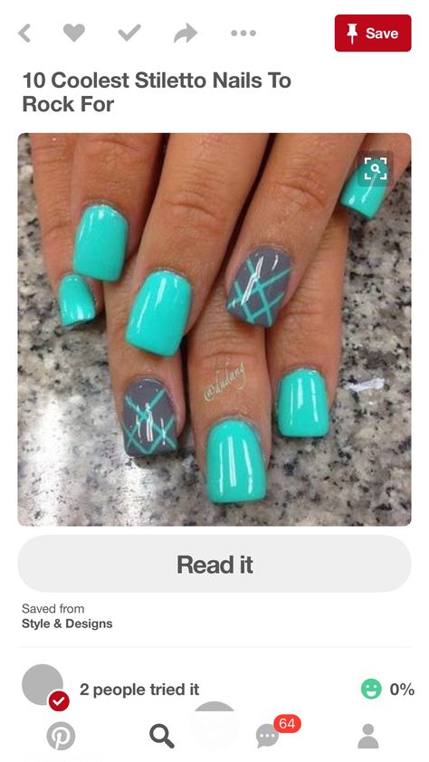 Teal & Gray. Cute Shellac Nails, Nail Art Vert, Turquoise Nail Art, Nail Art Bleu, Blue Nail Art Designs, Teal Nails, Summer Gel Nails, Green Nail Art, Turquoise Nails