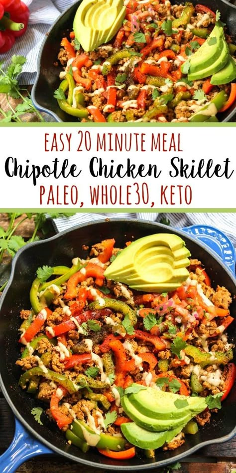 Whole30 Chipotle Chicken Skillet (Paleo, Keto, GF) - Whole Kitchen Sink Whole 30 Chicken Recipes, Paleo Menu, Clean Meal Prep, Paleo Chicken Recipes, Chicken Skillet, Clean Eating Recipes For Dinner, Clean Eating For Beginners, Meal Prep Clean Eating, Paleo Low Carb