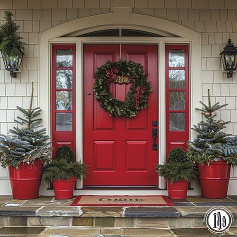 9+ Cozy Red Front Porch Decorating Ideas for a Bold Statement • 333k+ Inspiring Lifestyle Ideas Red Exterior Doors, Red Entry Door, Outside House Decor, Red Rocking Chair, Cozy Front Porch, Red Elements, Front Porch Decorating Ideas, Christmas Doors, Inspiring Lifestyle