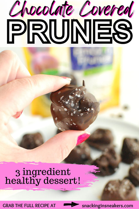 A woman's hand holding a chocolate covered prune with a text overlay that says "Chocolate covered prunes: 3 ingredient healthy dessert." Dried Plums Recipes, Prune Dessert Recipes, Dried Prunes Recipes, Recipes With Prunes, Prune Desserts, Dried Plum Recipes, Prunes Recipes, Prunes Dessert, Prune Recipes