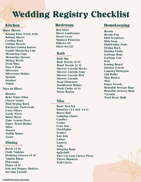 Free Wedding Registry Checklist Printable  to help you jump start on ideas on what to register for when you are overwhelmed with wedding planning.   Non-inclusive wedding registry checklist that is a starting point for your wedding registry. For those that have been living together or will be moving in together for their first time after they get married. Will You Get Ready With Me Wedding, What To Put On Your Registry Wedding, Wedding Credit Card, Things To Put On Registry Wedding, Where To Register For Wedding, Ultimate Wedding Decor Checklist, Wedding Decor Checklist Printable, What To Ask For On Your Wedding Registry, Must Haves For Wedding Registry