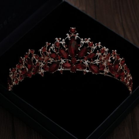 Black Crown With Red Jewels, Ruby Crown Aesthetic, Dark Red Quinceanera Crown, Red And Black Quince Crown, Red Tiara Aesthetic, Persephone Accessories, Red Crown Aesthetic, Red Royalty Aesthetic, Hades And Persephone Wedding