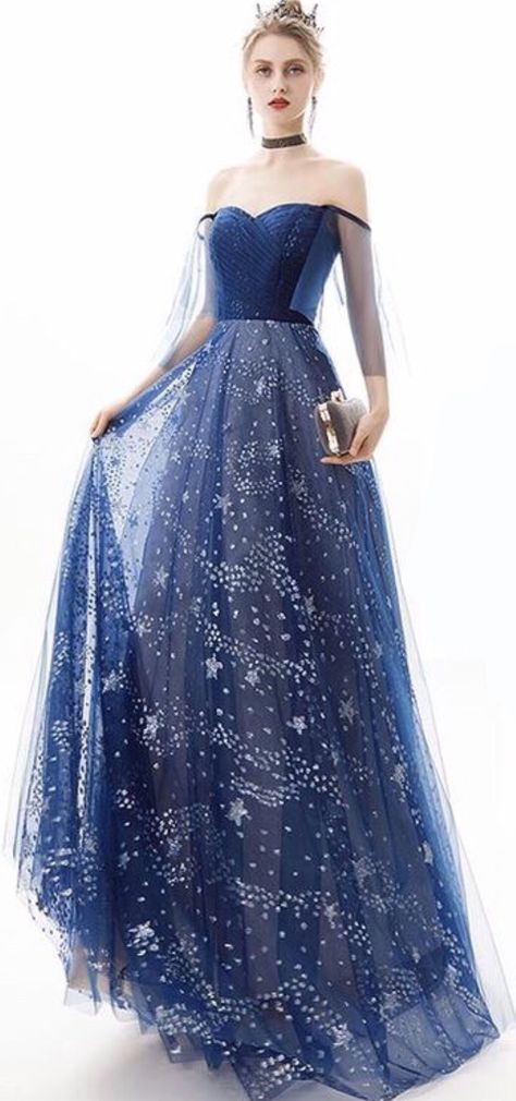 Outfit Ideas For Drawing, Starfall Ball, Star Dresses, Celestial Style, Fantasy Ball, Galaxy Dress, Blue Ball Gowns, Purple Birthday, Dark Blue Dress