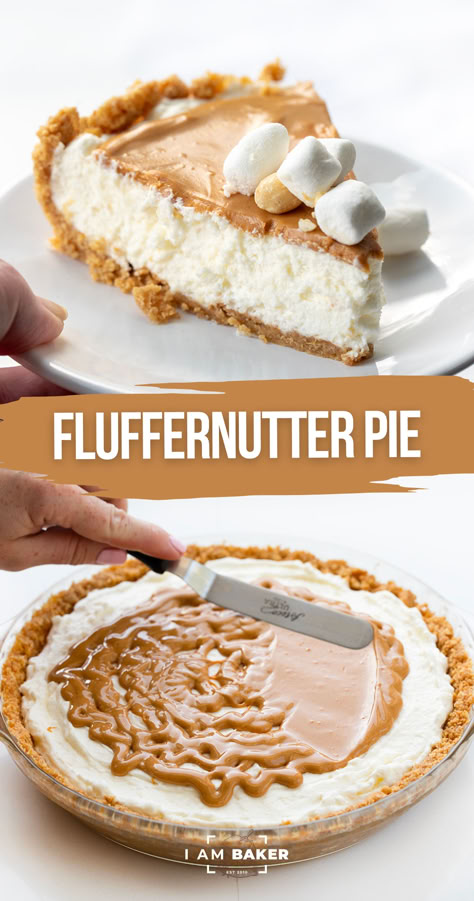 Fluffernutter Pie is a no-bake dessert made with a soft and smooth marshmallow filling topped with creamy peanut butter, all in a graham cracker crust. Fluffernutter Pie, Marshmallow Filling, Pie Pops, Pie Pie, Pie In The Sky, Peanut Butter Desserts, Perfect Pies, No Bake Pies, Peanut Butter Recipes