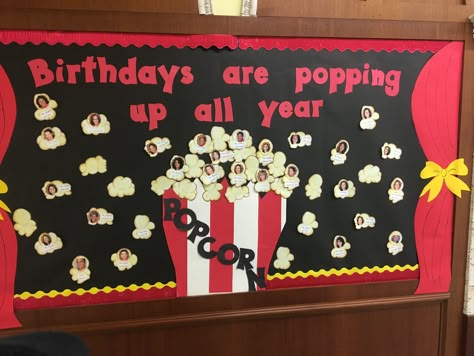 Popcorn Birthday bulletin board Popcorn Theme Classroom, Nursery Room Ideas Childcare, Popcorn Birthday, Birthday Surprise Kids, Birthday Chart Classroom, Popcorn Theme, Birthday Bulletin Board, Birthday Board Classroom, Board Classroom