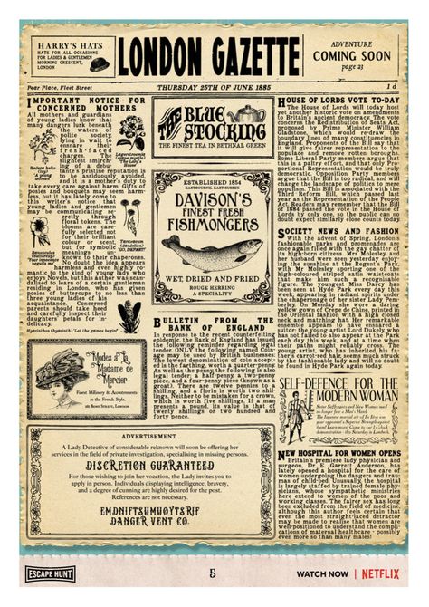 Old English Newspaper, Enola Holmes Newspaper, Old News Paper Template, Hogwarts Newspaper, Newspaper Sherlock Holmes, Sherlock Holmes Book, House Of Lords, 1890s Newspaper, Occasion Hats