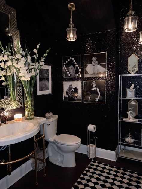 Witchy Glam Decor, Art Deco Gothic Interior, Dark Bathroom Accent Wall, Chic Goth Decor, Hollywood Bedroom Decor, Speakeasy Bathroom, Gothic Chic Decor, Gothic Bathroom Ideas, Dark Eclectic