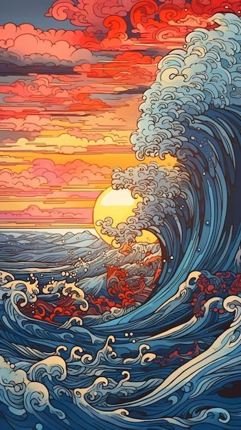 A onda do mar por pessoa | Premium Photo #Freepik #photo #tsunami #onda-japonesa #ondas-mar Tsunami Waves Art, Japanese Tsunami Art, Japanese Waves Drawing, Tsunami Wallpaper, Tsunami Drawing, Great Wave Painting, Japanese Wave Art, Japanese Hawaiian, Mar Anime