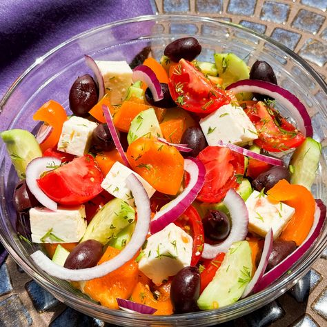 Village Greek Salad Mini Parfaits, Fruit Parfaits, Greek Salad Recipe, Traditional Greek Salad, Roasted Garlic Aioli, Entertaining Menu, Main Salad, Fruit Parfait, Lamb Meatballs