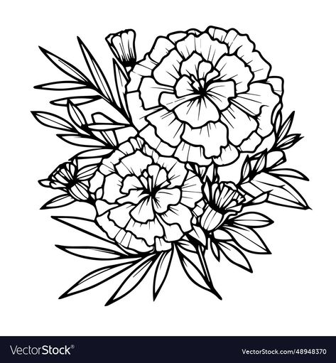 Marigold Tattoo October, Marigold Flower Bouquet, Flower Bouquet Drawings, Marigold Vector, Marigold Drawing, Marigold Tattoo, Flower Tattoo Stencils, Tattoo Prints, Flower Bouquet Drawing